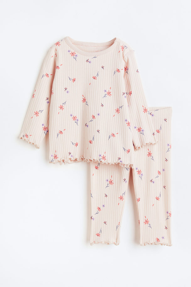 H&M Frilled Cotton Pyjamas Light Pink/floral