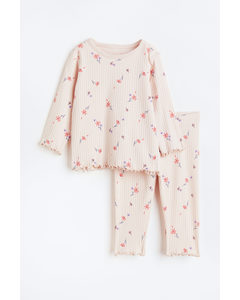 Frilled Cotton Pyjamas Light Pink/floral