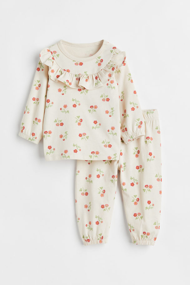 H&M Frilled Cotton Pyjamas Light Beige/floral