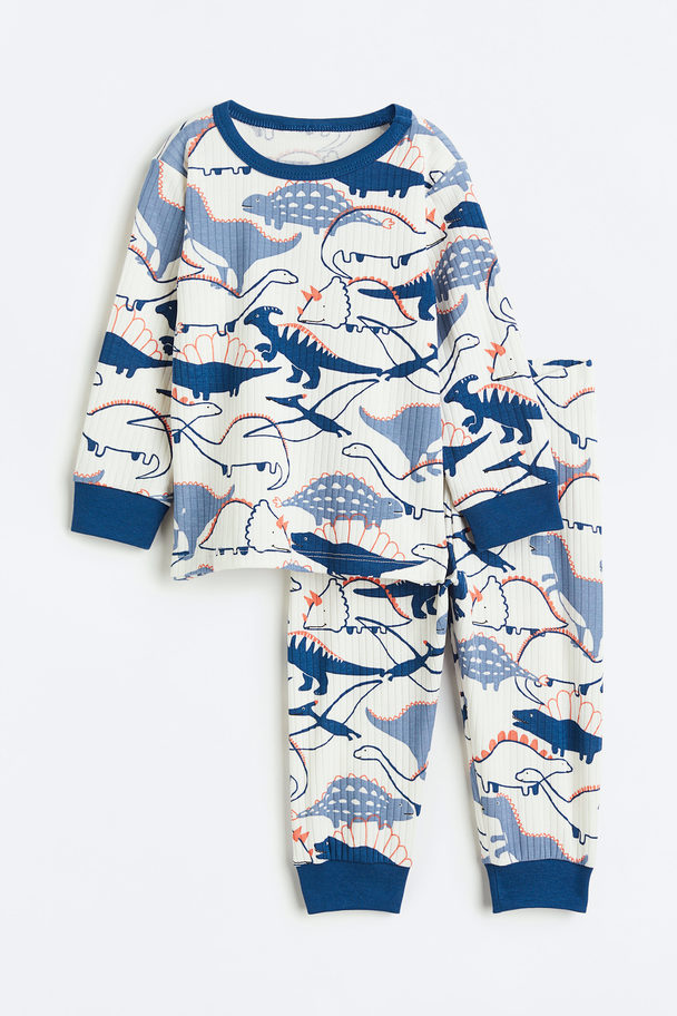 H&M Frilled Cotton Pyjamas White/dinosaurs