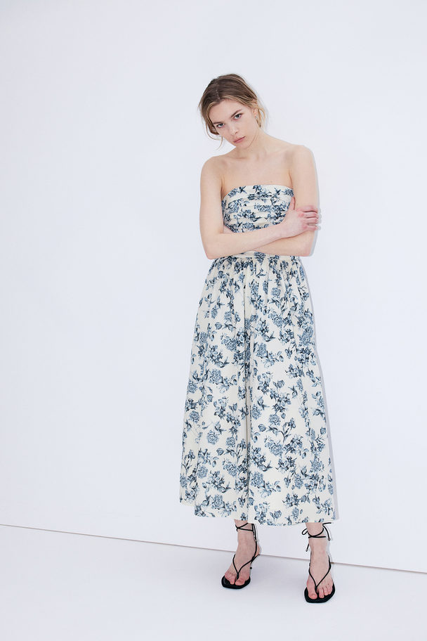 H&M Pleated Bandeau Dress Cream/blue Floral