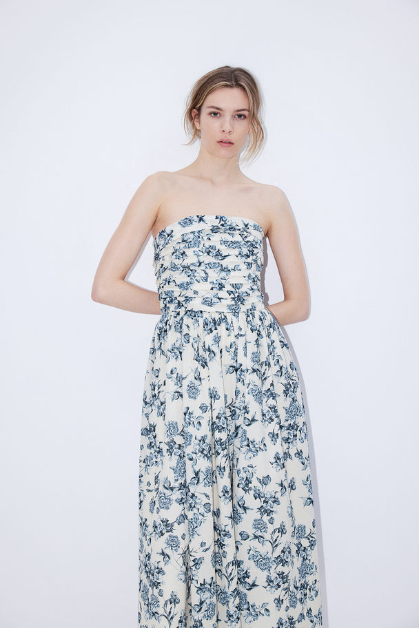 H&M Pleated Bandeau Dress Cream/blue Floral