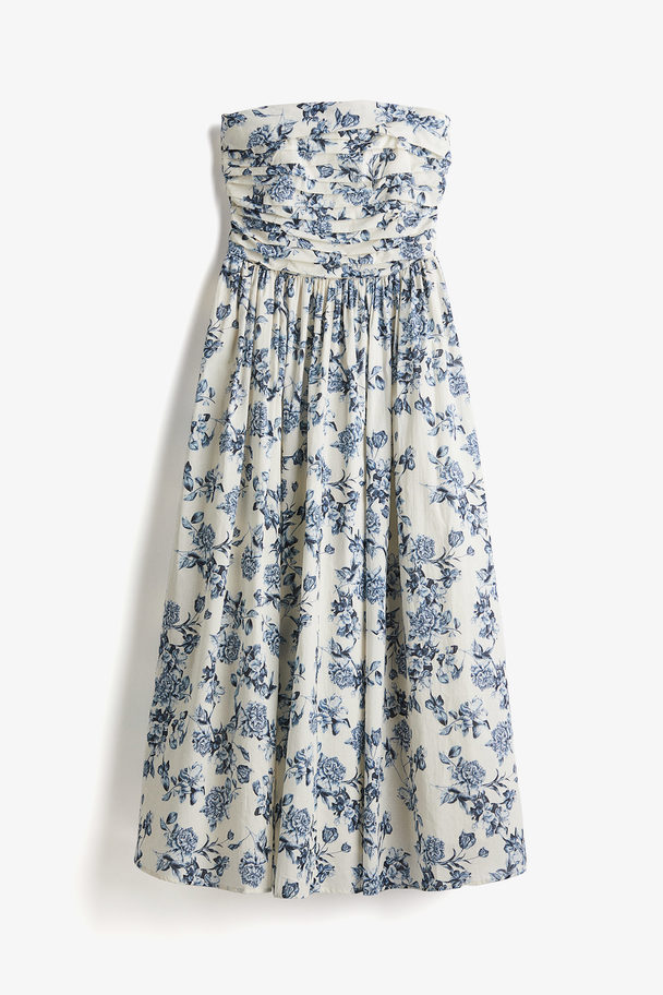 H&M Pleated Bandeau Dress Cream/blue Floral