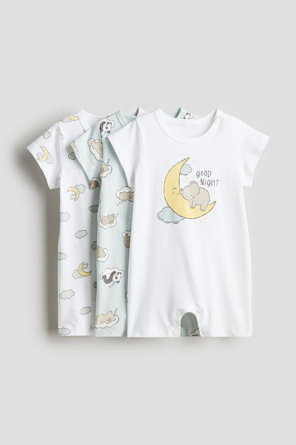 H&M 3-pack Cotton Sleepsuits Light Turquoise/animals