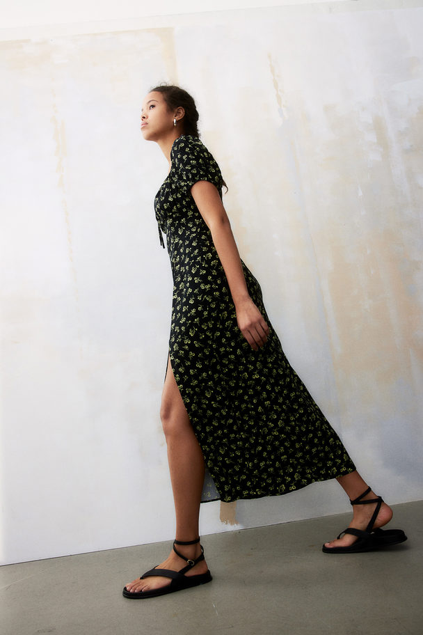 H&M Puff-sleeved Midi Dress Black/floral