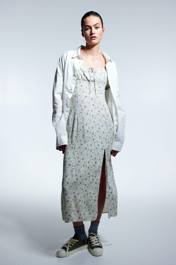 H&M Midiklänning Med Puffärm Crèmevit/blommig