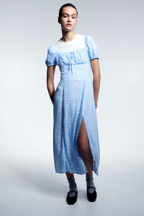 H&M Midi-jurk Met Pofmouwen Lichtblauw/bloemen