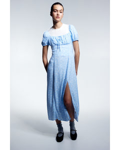 Midi-jurk Met Pofmouwen Lichtblauw/bloemen