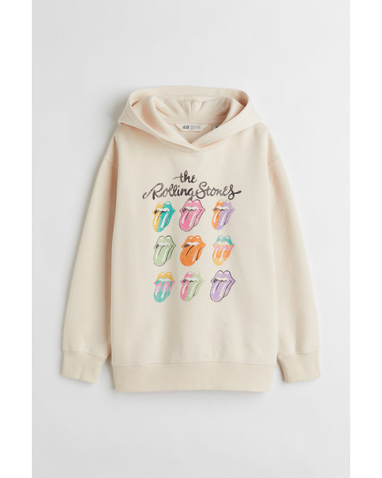 H&M Oversized Printed Hoodie Light Beige/the Rolling Stones