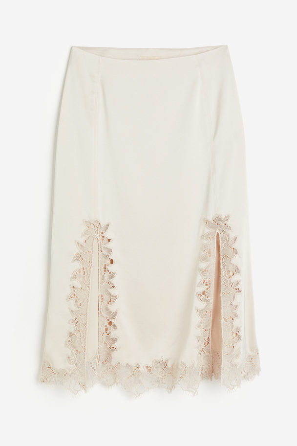 H&M Lace-trimmed Satin Skirt Light Beige