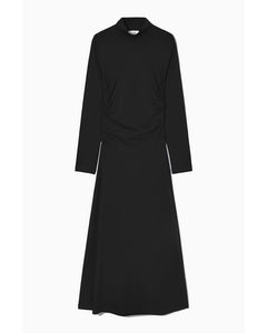 High-neck Gathered Midi Dress Black