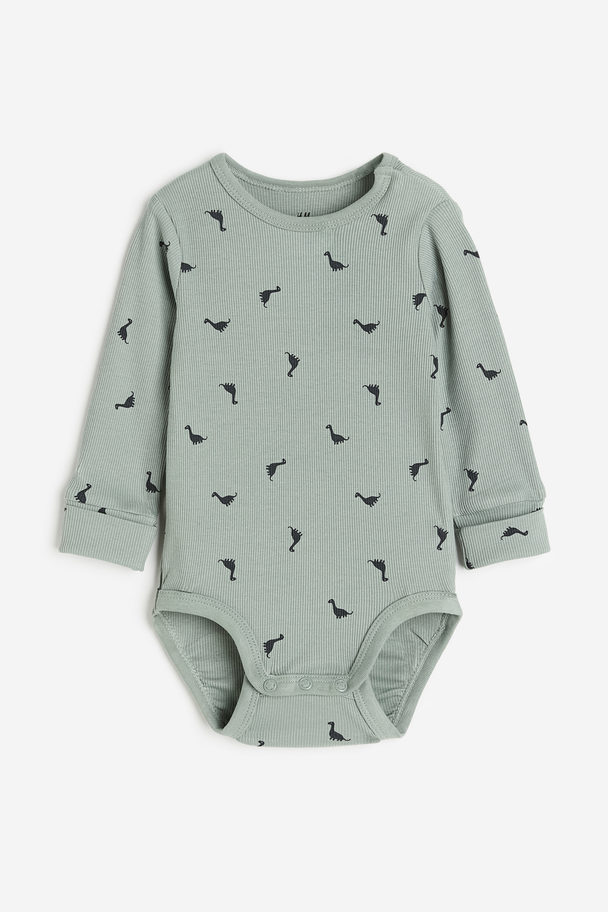 H&M Adjustable-fit Long-sleeved Bodysuit Dusty Green/dinosaurs