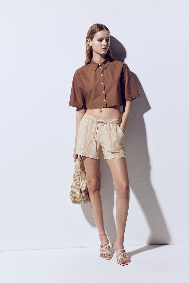 H&M Pull-on Short Van Linnenmix Beige/gestreept