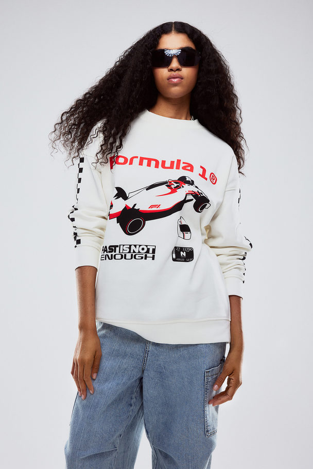H&M Oversized Sweatshirt Med Tryck Vit/formula 1