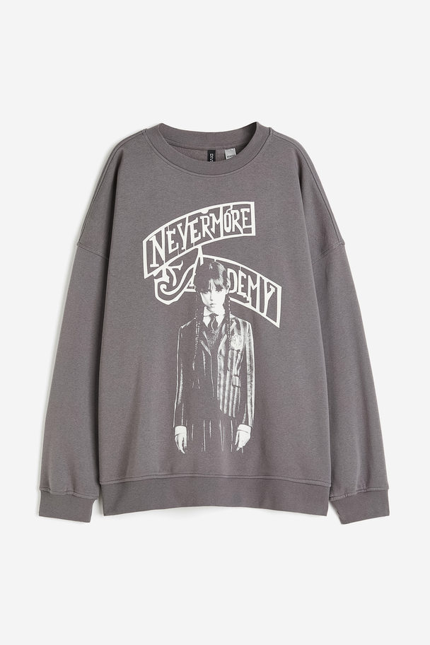 H&M Oversized Sweatshirt Med Tryck Mörkgrå/wednesday