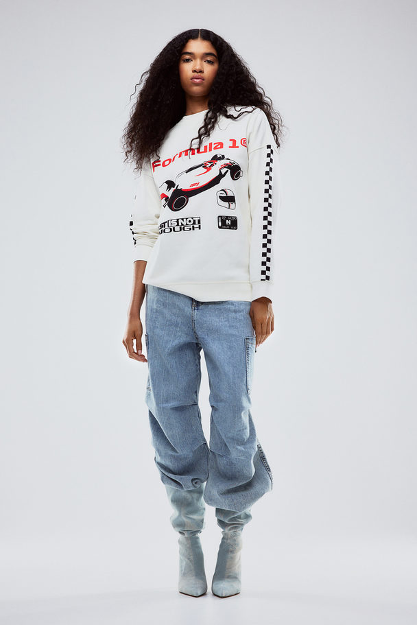 H&M Oversized Sweatshirt Med Tryck Vit/formula 1