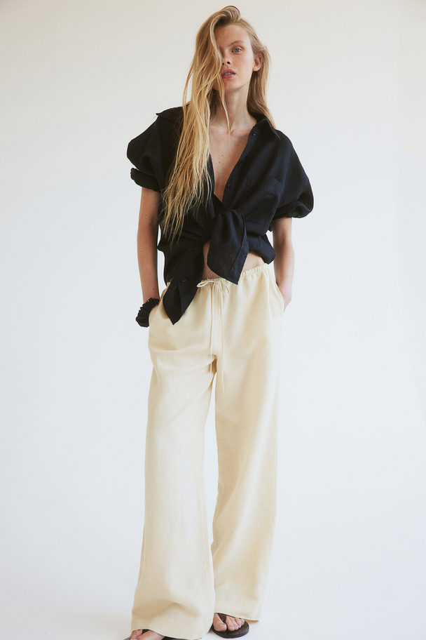 H&M Linen-blend Trousers Pale Yellow