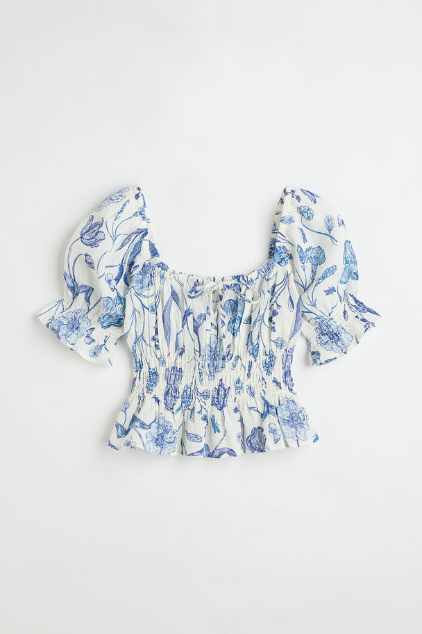 H&M Puff-sleeved Peplum Blouse White/floral