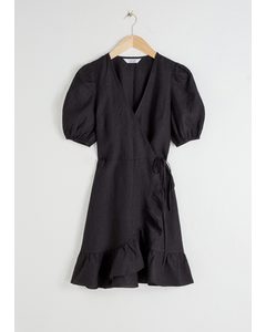 Puff Sleeve Wrap Mini Dress Black