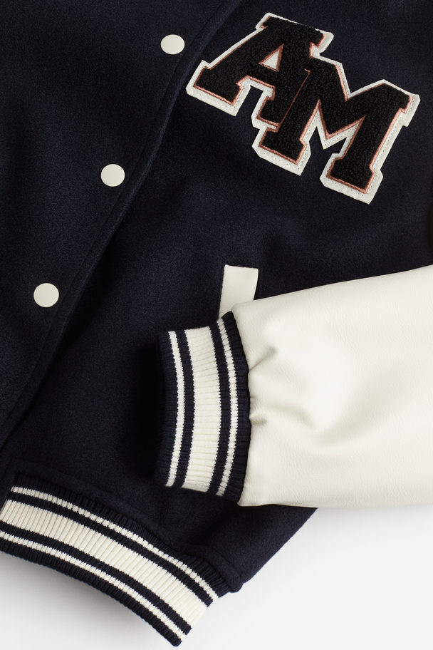 H&M Appliquéd Baseball Jacket Navy Blue/block-coloured