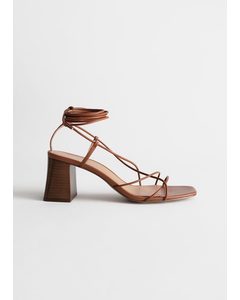 Leather Strappy Lace Up Heeled Sandals Camel