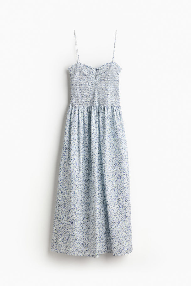 H&M Gesmoktes Kleid Weiß/Blau geblümt