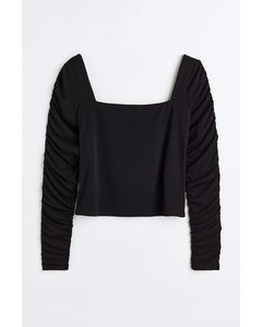 H&m+ Gathered-sleeve Jersey Top Black