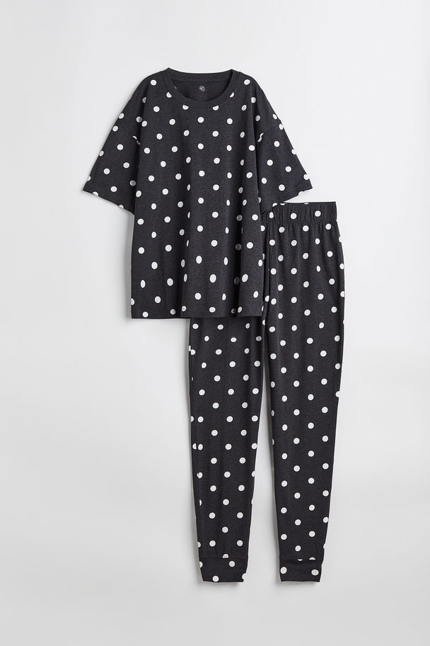 H&M Tricot Pyjama Donkergrijs/stippen