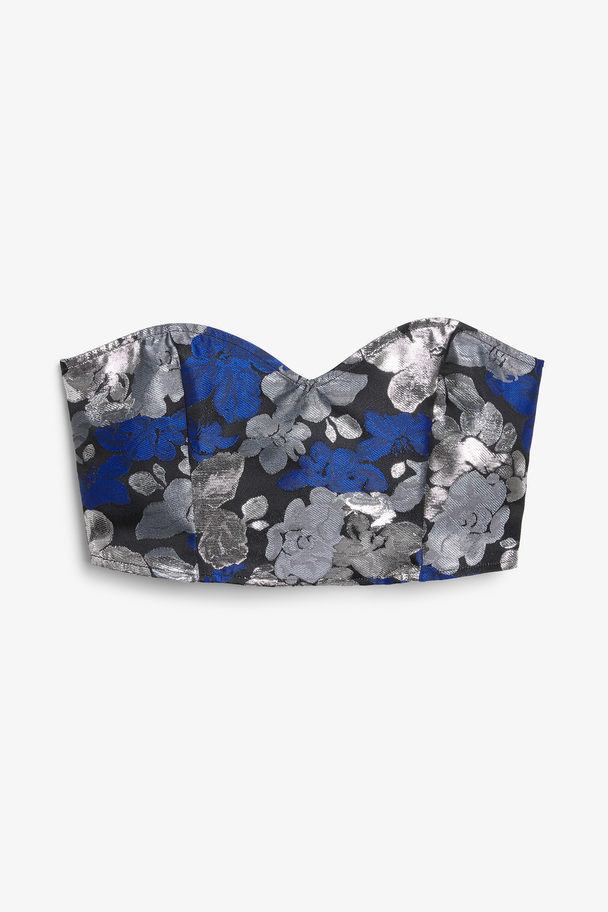 Monki Kurze Korsagen-Bluse aus Jacquard mit Blumenmuster Blaue &amp; silberne Blumen