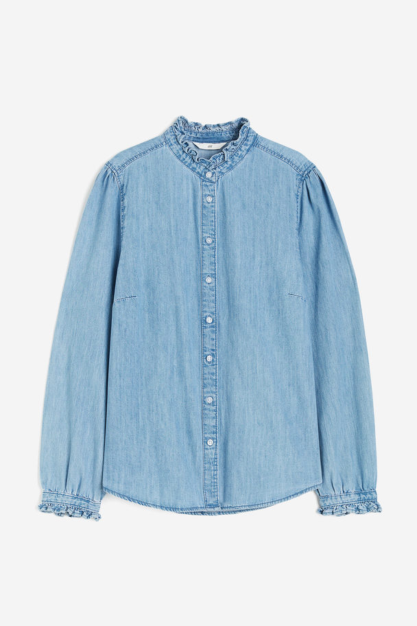 H&M Denim Blouse Met Volants Licht Denimblauw