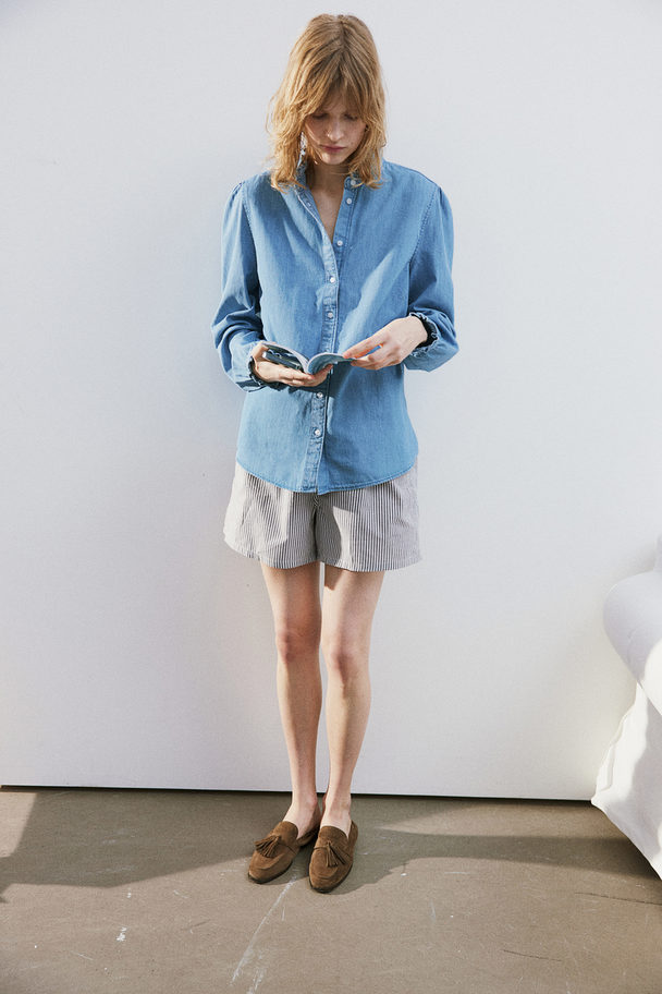 H&M Frill-trimmed Denim Blouse Light Denim Blue