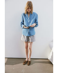 Denim Blouse Met Volants Licht Denimblauw