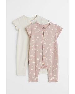 2-pack Short-sleeved Romper Suits Light Pink/daisies