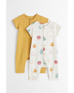 2-pack Short-sleeved Romper Suits Yellow/fruit