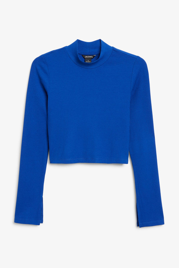 Monki Ribbed Blue Long Sleeve Cropped Top Blue