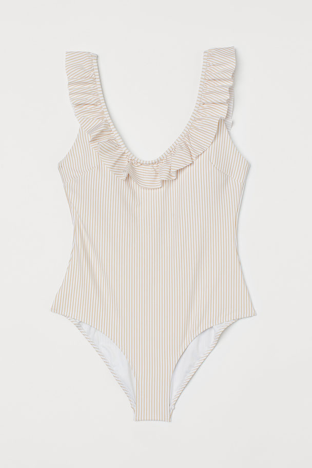 H&M Padded-cup Swimsuit Light Beige/white Striped