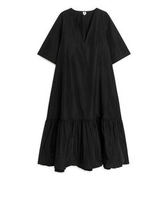 Flounce-hem Taffeta Dress Black