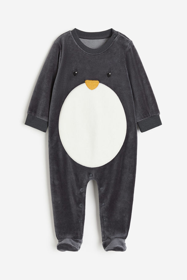 H&M Velour Sleepsuit With Full Feet Dark Grey/penguin