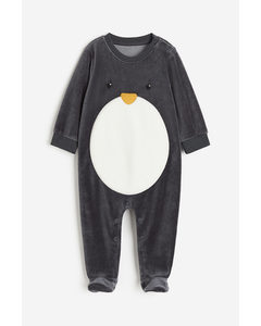 Velour Sleepsuit With Full Feet Dark Grey/penguin