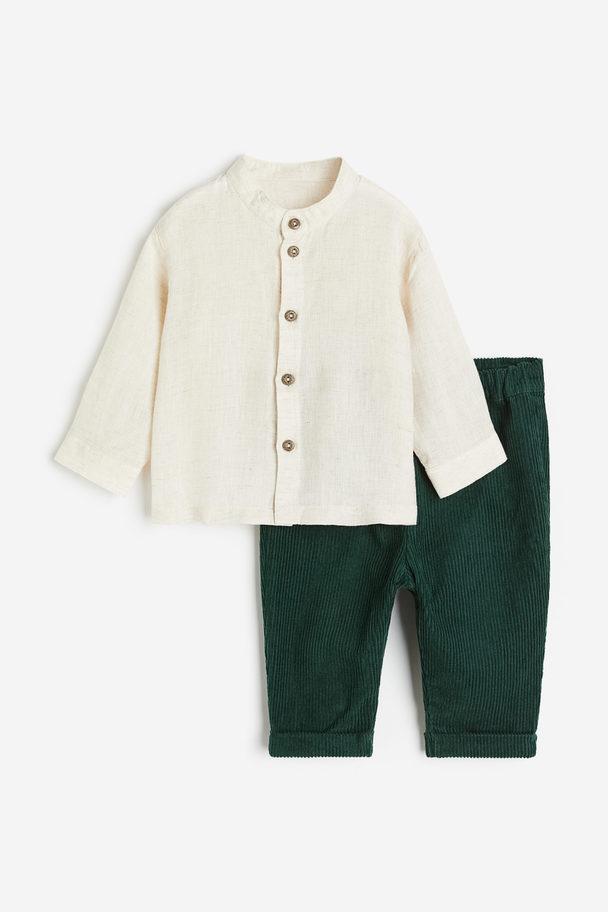 H&M 2-piece Grandad Shirt And Trousers Set Light Beige/dark Green