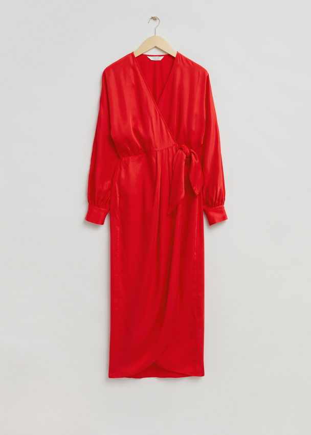 & Other Stories Relaxed Pleated Detail Wrap Dress Bright Red