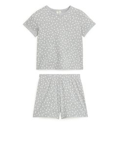 Zweiteiliger kurzer Pyjama aus Jersey Graumeliert/weiße Punkte