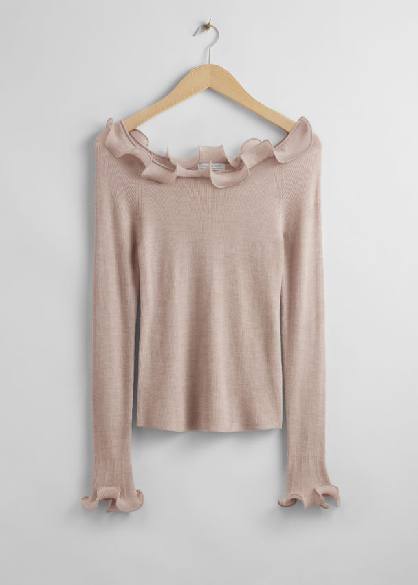 & Other Stories Slim Ruffled Wool Top Light Pink