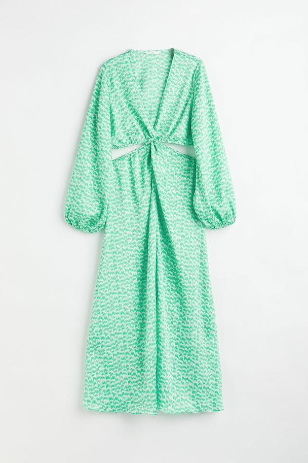 H&M Balloon-sleeved Cut-out Crêpe Dress Green/patterned
