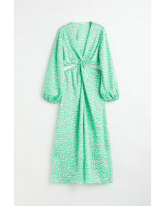 Balloon-sleeved Cut-out Crêpe Dress Green/patterned