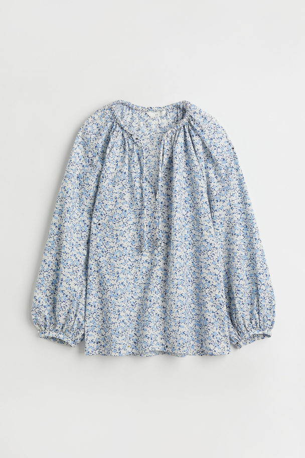 H&M Balloon-sleeved Cotton Blouse Light Blue/floral