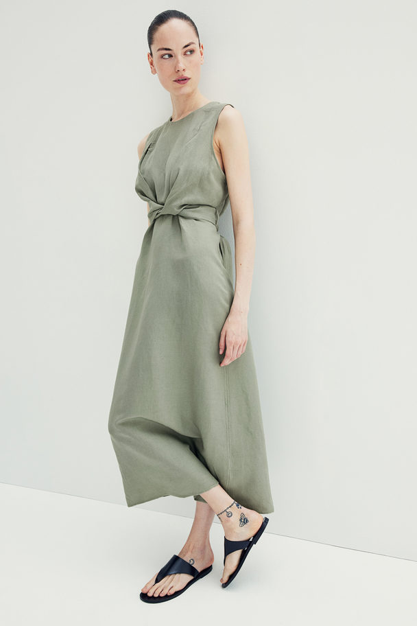 H&M Mama Linen-blend Nursing Dress Khaki Green