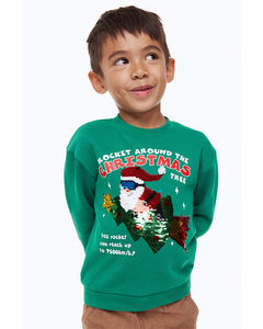 Sweater Met Keerbare Pailletten Groen/kerstman Op Raket