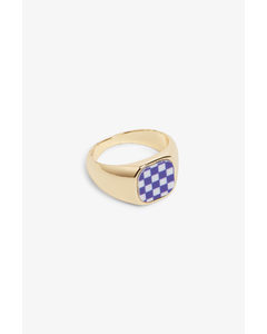 Gold Metal Signet Ring Checkerboard