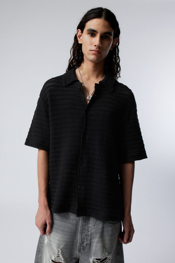 Weekday Boxy Crochet Short Sleeve Shirt Black